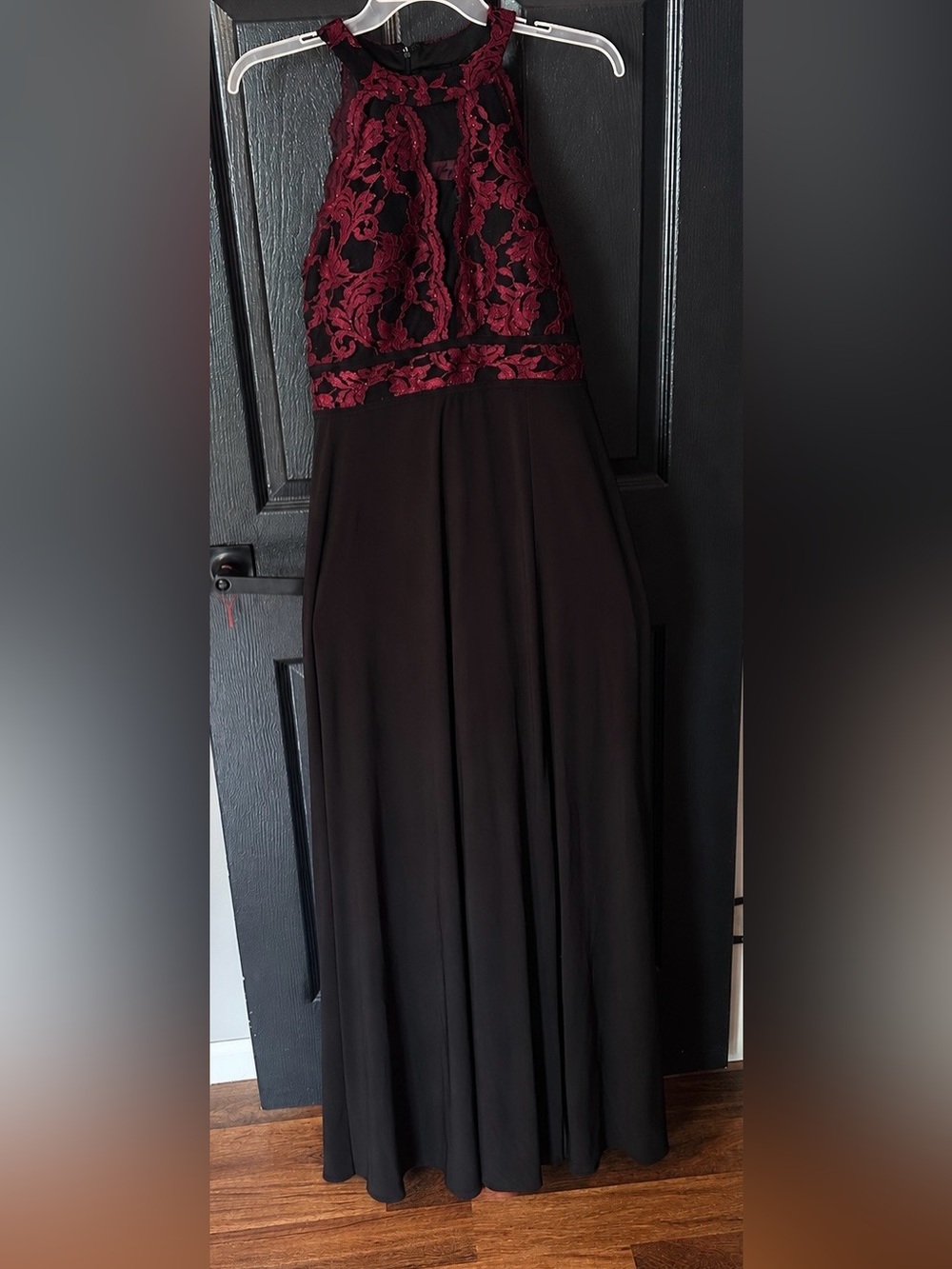Morgan & Co. Black Gown with Burgundy Lace Halter Bodice Dress